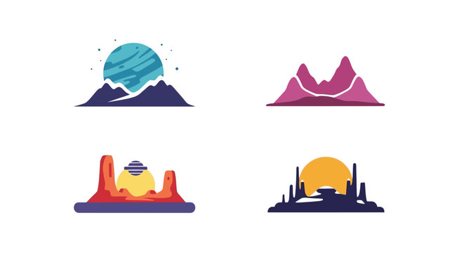 Set of four abstract landscape logos with planets and mountains.