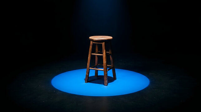 Wooden Bar Stool Lit by a Blue Spotlight