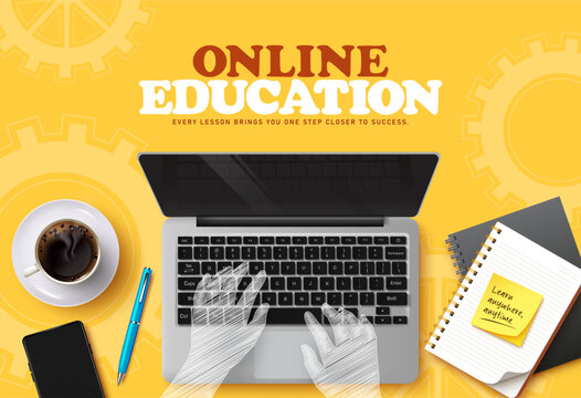 Online education and e learning concept clipart design. Online education concept clip art for remote learning, distance education, digital courses and webinar with laptop, typing hands, coffee cup