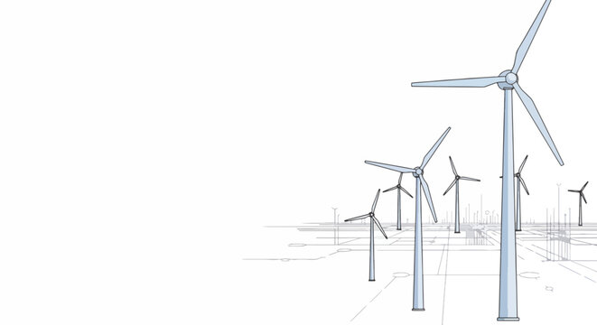 Modern wind turbines in a blueprint sketch style, representing renewable energy and sustainable technology development.