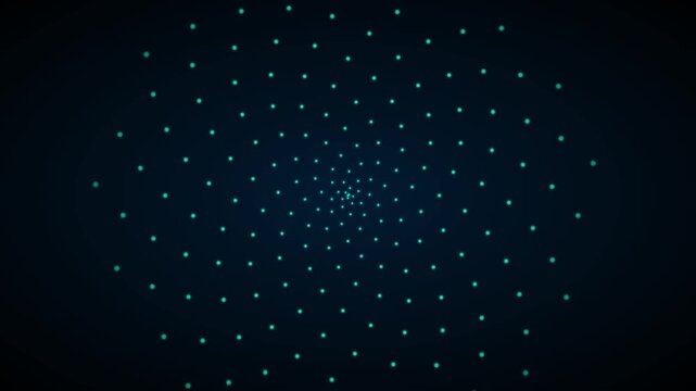 Abstract teal glowing dots rotating in spiral pattern on dark animation 4k background