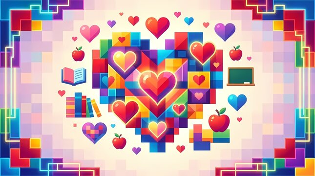 Colorful pixel art heart mosaic with school education symbols.