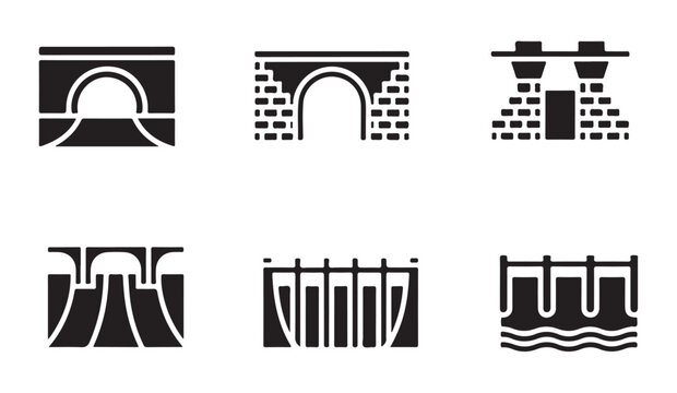 Assorted architectural icons featuring bridges and dams on white background.
