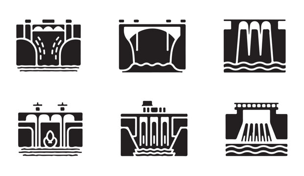 Assorted architectural icons featuring bridges and dams on white background.