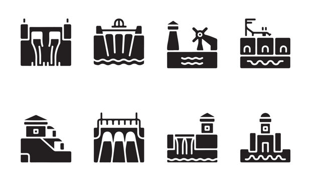 Assorted architectural icons featuring bridges and dams on white background.