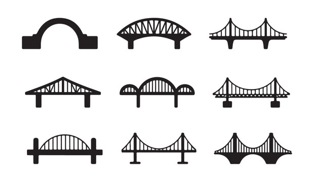 Various bridge styles and dam designs represented as flat icons vector.