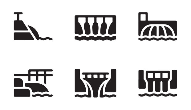 Set of six dam icons representing hydroelectric power generation and water management.