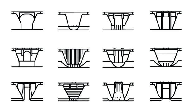 Set of outline dam icons showing different types of water infrastructure and bridge designs.