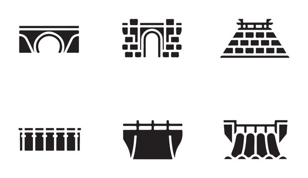 Solid black icons of various bridges and dam constructions for architectural design projects.