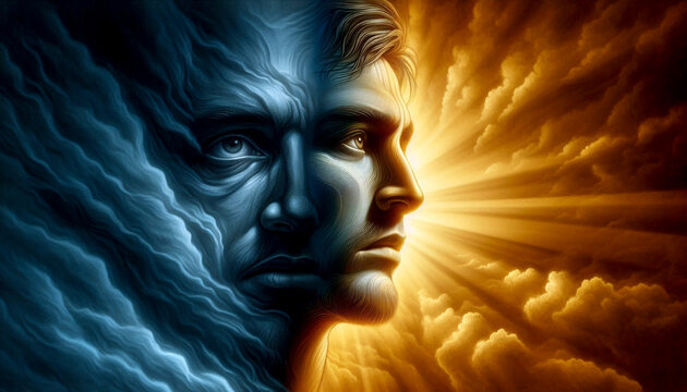A double portrait split screen of the same person, on the left, a tired face lit by the blue light of a phone screen insomnia, Ai generated image