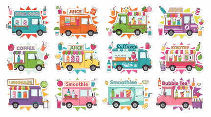 Naklejka premium Assortment of Colorful Food Trucks: Juice, Coffee, Smoothies, Bubble Tea