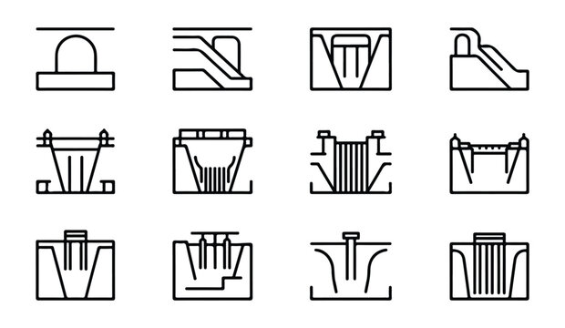 Set of twelve dam and power plant icons featuring various hydroelectric infrastructure designs.