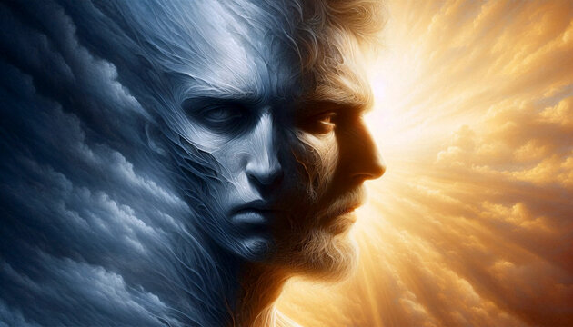 A double portrait split screen of the same person, on the left, a tired face lit by the blue light of a phone screen insomnia, Ai generated image
