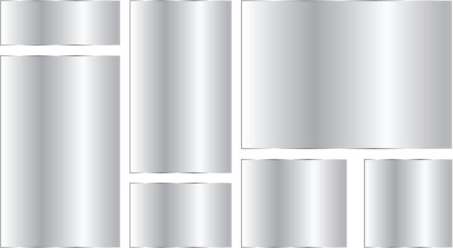 Set of silver metallic plates, glossy metal banners, chrome texture rectangles, shiny steel panels, polished aluminum frames, vector illustration