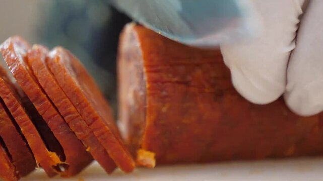 High-quality editorial footage featuring a close-up of a chef or butcher in white gloves expertly slicing traditional orange-red Tuscan salami. This clip showcases the rich, savory texture of authenti