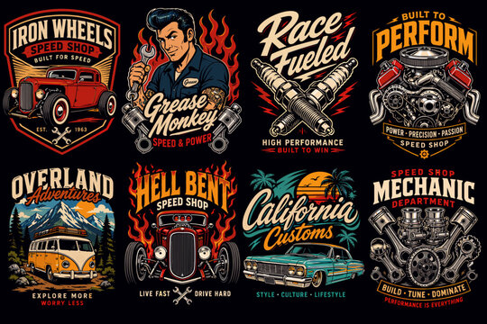 A collection of eight vintage-style graphic designs featuring hot rods, classic cars, mechanics, engines, and outdoor adventure themes.