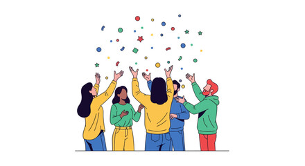 Fototapeta premium A diverse group of people celebrating a success or achievement with colorful confetti falling around them, expressing joy and happiness.
