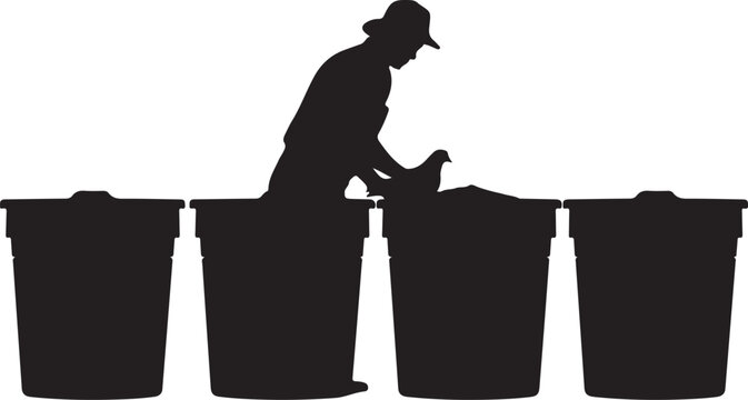 Silhouette of a man in a hat, rummaging through trash
