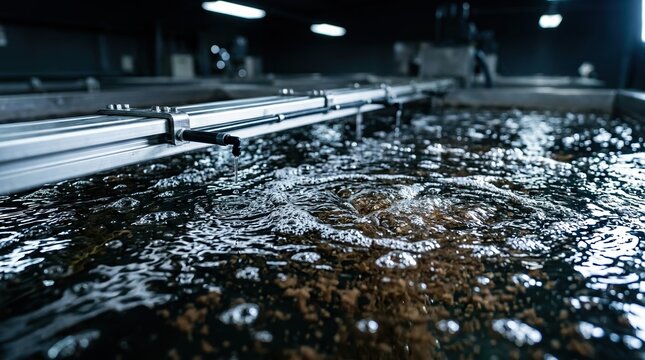 Industrial macro of a flocculation tank surface: chemical dosing lines, swirling micro-bubbles, aluminum rails, and settling particles under cool overhead lights. The image should feel scientific and