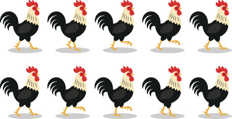 Cartoon rooster walk cycle animation sprite sheet flat vector illustration set cute chicken walking steps frames © Rakib