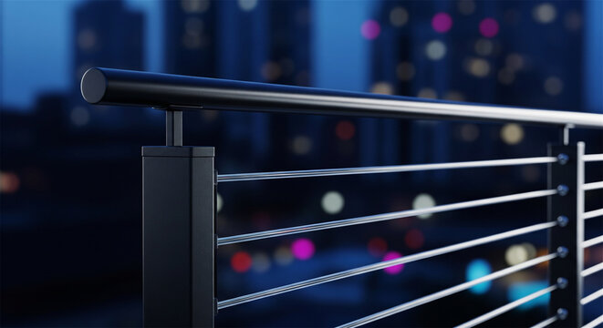 Modern stainless steel balcony railing, sleek metal cable handrail at night, urban terrace balustrade with blurred city lights bokeh