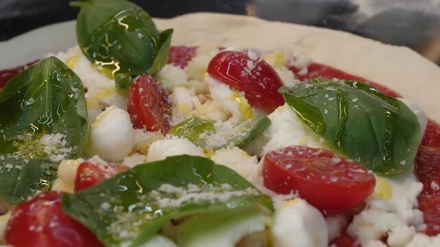 A delicious, close-up shot of a freshly prepared Italian Caprese-style pizza. The footage highlights creamy mozzarella cheese melting over juicy cherry tomatoes, garnished with vibrant green basil lea
