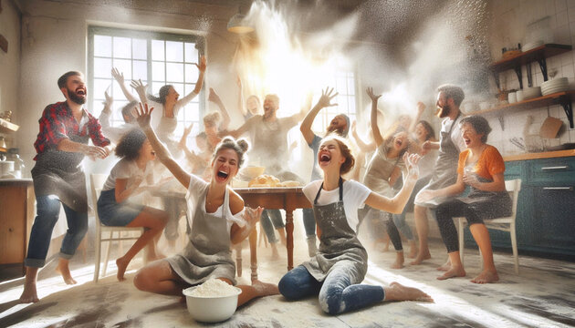 A dynamic action shot in a sunlit kitchen, two people in flour-dusted aprons, a cloud of flour exploding in the air mid-throw,  Ai generated image