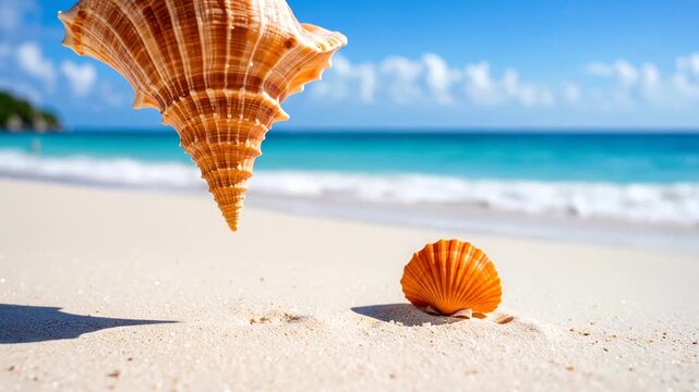 Large seashell floating over white sand beach near turquoise ocean water