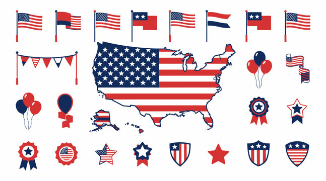 American patriotic symbols and USA map with flags