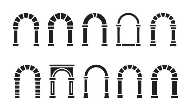 Set of classic stone arch icons for architectural design and historical building structures.