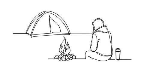 Continuous single line drawing of a person sitting by a campfire near a tent while camping outdoors in nature © Kanu Art_Gallery