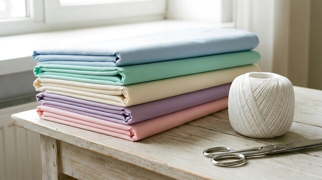 Stack of Folded Pastel Fabrics with Thread and Scissors on a Wooden Table