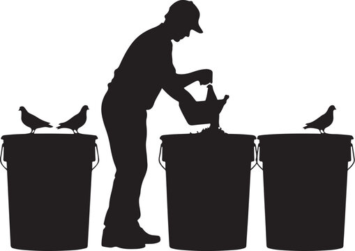 Silhouette of man feeding chickens from bucket, with person