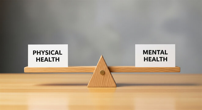Mental health and physical health balance concept, wooden seesaw with text cards on scale, holistic wellness and stability metaphor