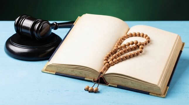 Gavel, Prayer Beads and Open Book on Blue Table &ndash; Concept of Islamic Law, Justice and Sharia