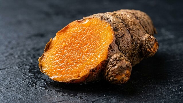 Fresh sliced turmeric root on dark stone background with macro detail and natural lighting