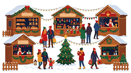 Obraz premium Christmas market stalls feature festive wooden booths decorated with garlands and lights for holiday shoppers.