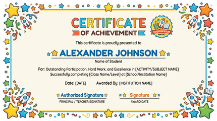 Naklejka premium Certificate of Achievement for Student, Fun Rocket and Star Border, Award School Recognition