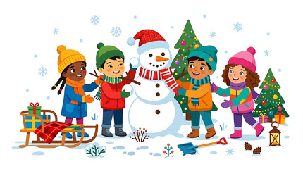 Naklejka premium Group of diverse children builds a snowman in a park decorated with Christmas trees and presents.