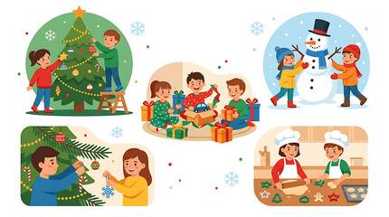 Fototapeta premium Children engage in various festive holiday activities including decorating trees and baking cookies.