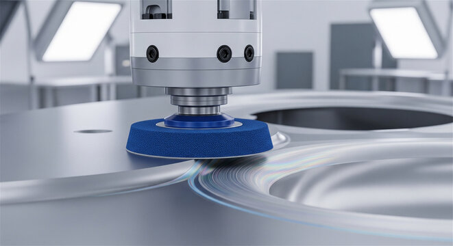 Automated industrial robot arm polishing metal surface, precision manufacturing process in high-tech factory, robotic machinery finishing steel part
