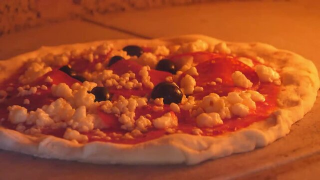 close-up high-angle shot of a fresh Italian pizza topped with tomato sauce, melted mozzarella cheese, and olives, baking to perfection inside a rustic wood-fired brick oven. The warm orange glow of th