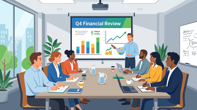 Diverse business team in meeting room, Q4 financial review presentation on projector screen