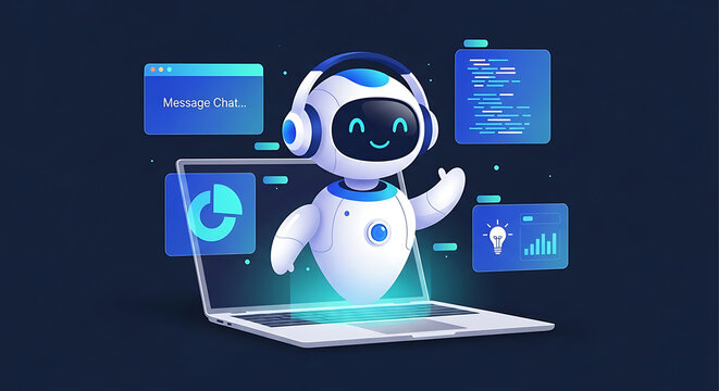 Cute 3D robot character working on laptop with digital data dashboard artificial intelligence technology analytics dashboard automation character computer software innovation programming