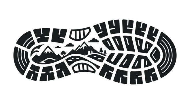 A creative black and white illustration of a hiking boot sole featuring a mountain landscape.