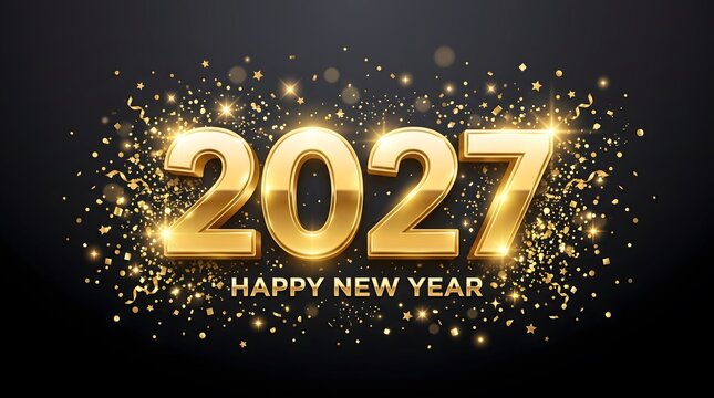 Golden 2027 new year celebration graphic with confetti and sparkles