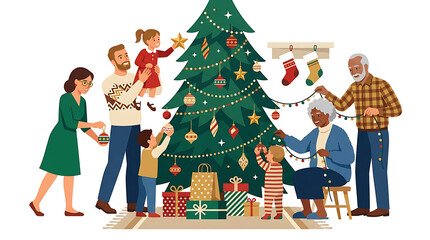 Fototapeta premium Family members gather around a decorated Christmas tree to place ornaments and presents during the festive holiday season.