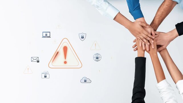 Diverse hands unite to symbolize teamwork and security awareness, emphasizing the importance of digital safety and risk management in a collaborative environment. Raster