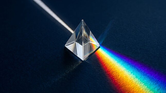 Light beam refracting through a glass prism creating a colorful spectrum effect