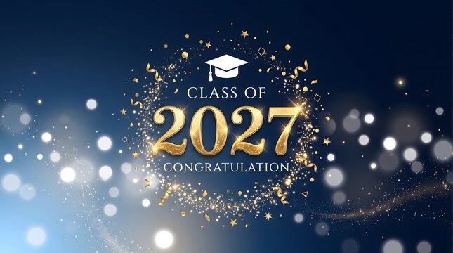 Class of 2027 graduation announcement background with gold foil and sparkle effects